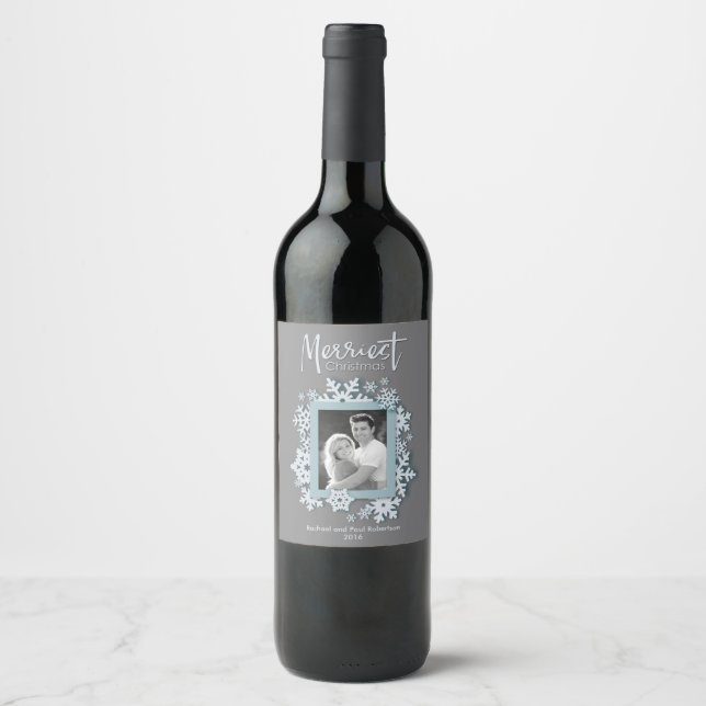Merriest Christmas Modern Holiday Style Photo Wine Label (Front)