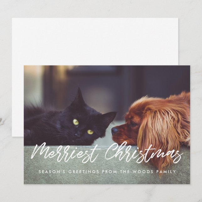 Merriest Christmas Modern Typography Family Photo Holiday Card (Front/Back)