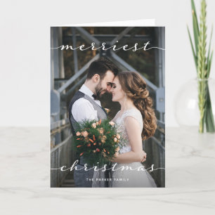 Merriest Christmas One Photo Script Linen Look Holiday Card