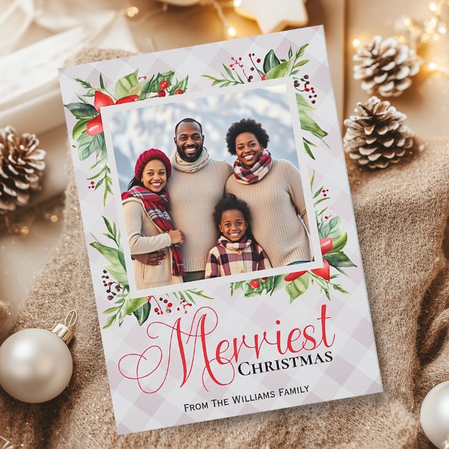 Merriest Christmas Plaid Script Family Photo Holiday Card (Creator Uploaded)