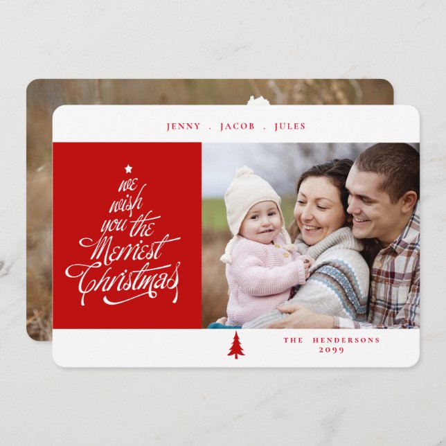 Merriest Christmas Red and White Photo Holiday Card (Front/Back)