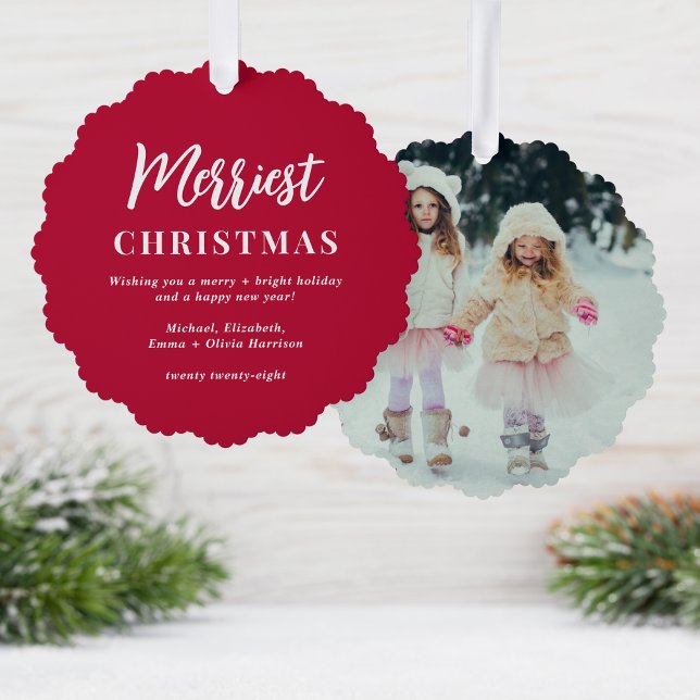 Merriest Christmas Red Photo Holiday Tree Decoration Card (Share the love and warmth of the holiday season with a photo paper ornament card)