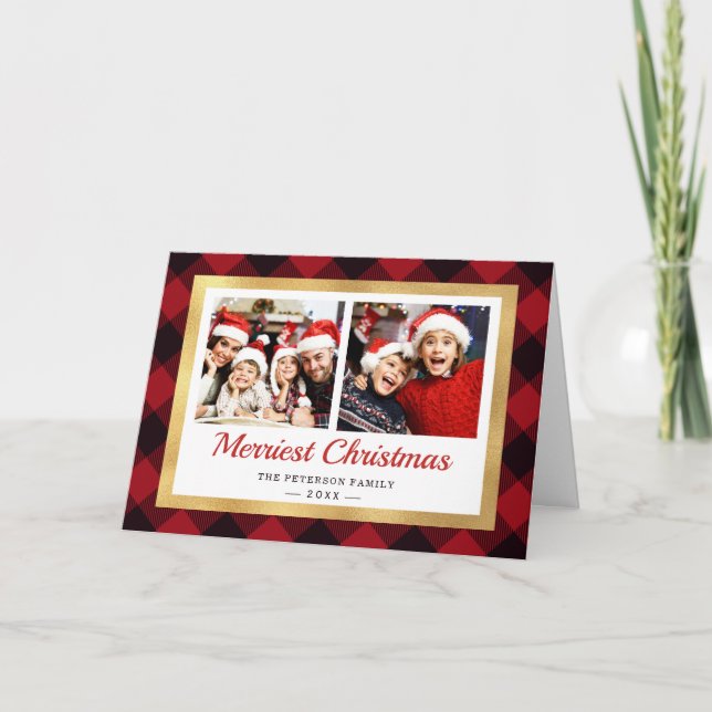 Merriest Christmas Red Plaid Gold Frame Photo Holiday Card (Front)
