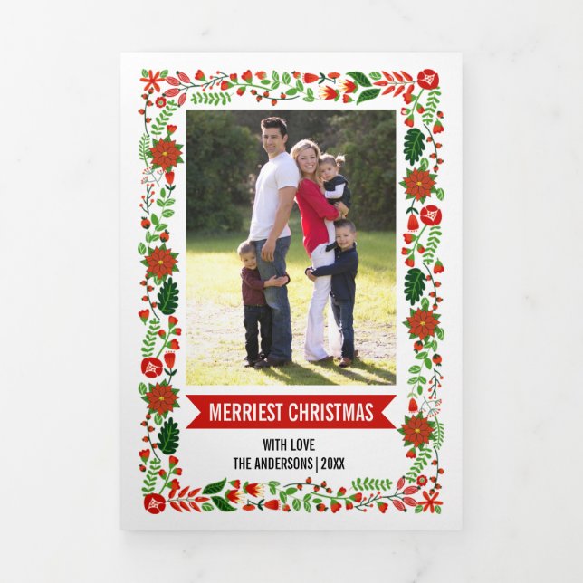 Merriest Christmas red poinsettia Christmas photo Tri-Fold Holiday Card (Cover)