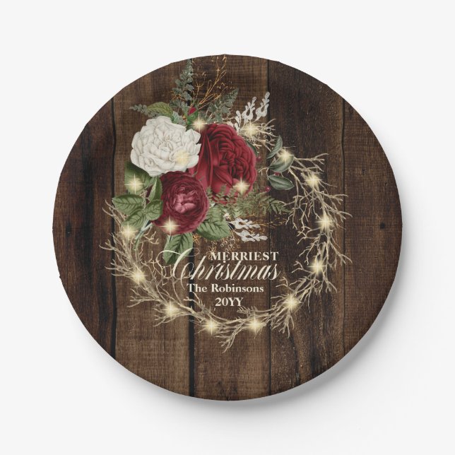 Merriest Christmas - Rustic Woodsy Lighted Wreath Paper Plate (Front)