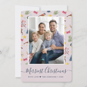 Merriest Christmas Script Pattern Photo Holiday Card