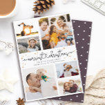 Merriest Christmas Script Photo Collage Modern Holiday Card<br><div class="desc">Sweet and simple minimalist holiday card with space for 6 photos,  2 lines of custom text and MERRIEST CHRISTMAS spelled in a sweet hand written script with a heart connector as well as gold dots and star decoration. The back has a modern polka dot pattern.</div>