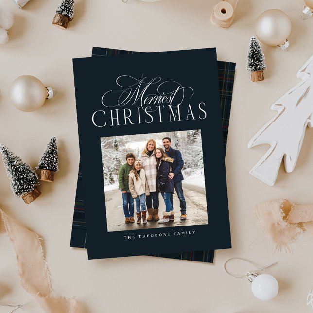 Merriest Christmas simple elegant navy blue photo Holiday Card (Creator Uploaded)