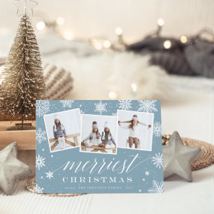 Merriest Christmas Snowflake 3 Photo Collage Holiday Card