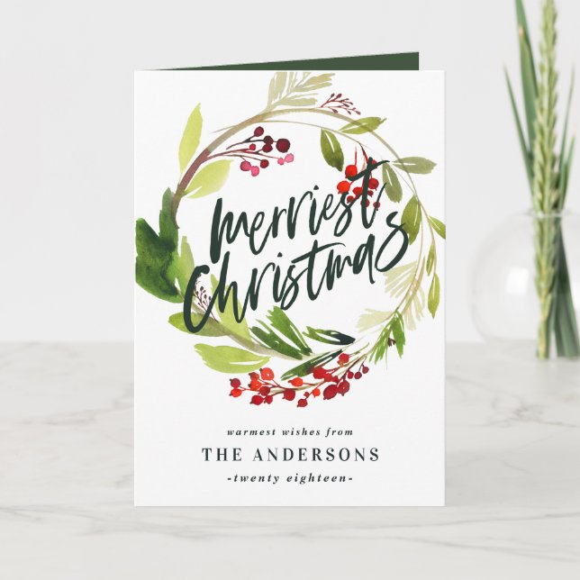 Merriest Christmas watercolor floral Holiday Card (Front)