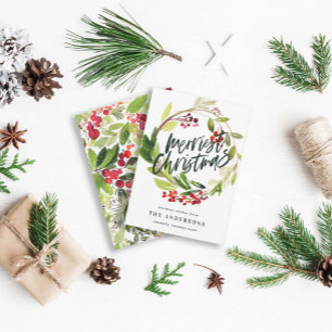 Merriest Christmas watercolor floral Holiday Card