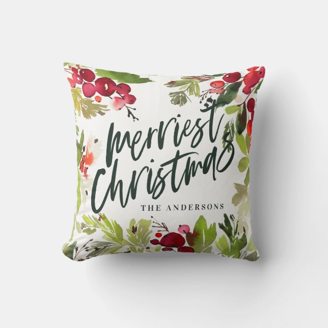 Merriest Christmas watercolor floral Holiday Cushion (Front)