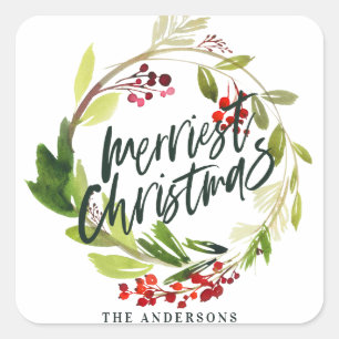 Merriest Christmas watercolor foliage floral Square Sticker