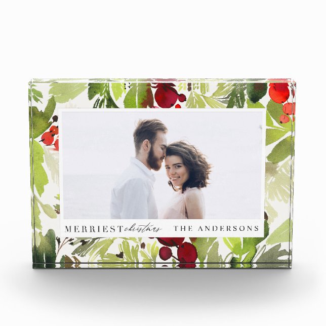 Merriest Christmas watercolor foliage Holiday Photo Block (Front)
