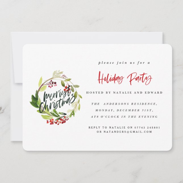 Merriest Christmas watercolor party invitation. Holiday Card (Front)