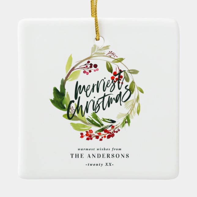 merriest christmas watercolor red berry foliage ceramic ornament (Front)