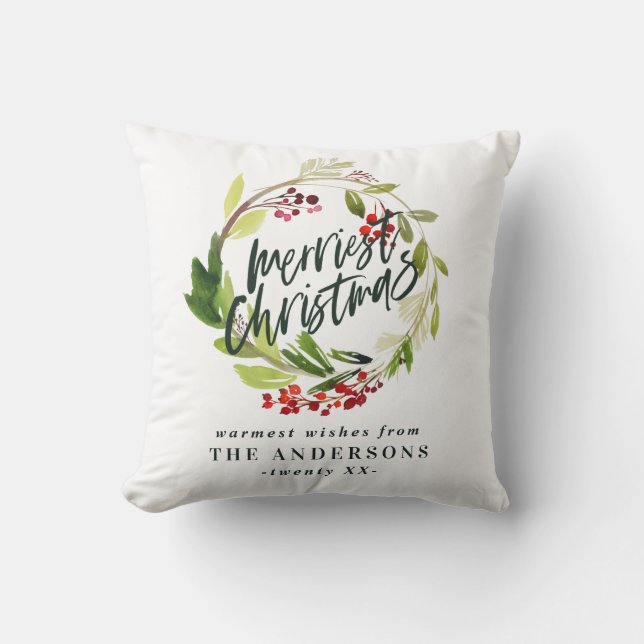 merriest christmas watercolor red berry foliage cushion (Front)