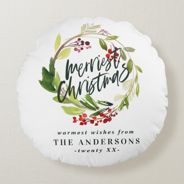 merriest christmas watercolor red berry foliage round cushion (Front)
