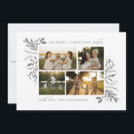 Merriest Christmas Wishes 4 Photo Botanical Floral Holiday Card<br><div class="desc">Merriest Christmas Wishes 4 Photo Botanical Floral Holiday Card Christmas Card features your favourite photo on the front with the text "Merriest Christmas Wishes" in modern silver calligraphy script typography on a white background and personalised with your family name below. On the reverse is an elegant gold botanical pattern. Perfect...</div>