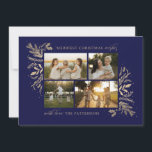 Merriest Christmas Wishes 4 Photo Botanical Floral Holiday Card<br><div class="desc">Merriest Christmas Wishes 4 Photo Botanical Floral Holiday Card Christmas Card features your favourite photo on the front with the text "Merriest Christmas Wishes" in modern gold calligraphy script typography on a blue background and personalised with your family name below. On the reverse is an elegant gold botanical pattern. Perfect...</div>