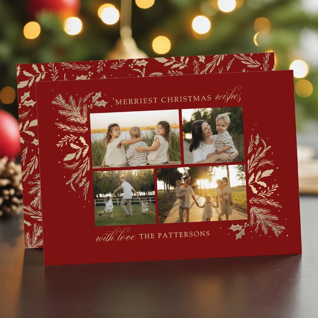 Merriest Christmas Wishes 4 Photo Botanical Floral Holiday Card (Creator Uploaded)