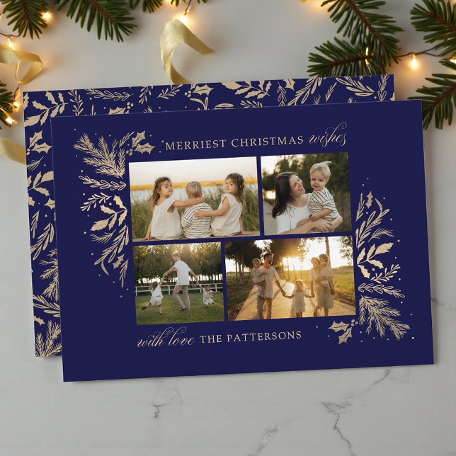 Merriest Christmas Wishes 4 Photo Botanical Floral Holiday Card (Creator Uploaded)