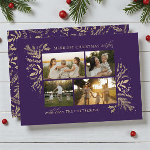 Merriest Christmas Wishes 4 Photo Botanical Floral Holiday Card