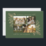 Merriest Christmas Wishes 4 Photo Botanical Floral Holiday Card<br><div class="desc">Merriest Christmas Wishes 4 Photo Botanical Floral Holiday Card Christmas Card features your favourite photo on the front with the text "Merriest Christmas Wishes" in modern gold calligraphy script typography on a green background and personalised with your family name below. On the reverse is an elegant gold botanical pattern. Perfect...</div>