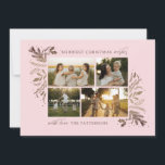 Merriest Christmas Wishes 4 Photo Botanical Floral Holiday Card<br><div class="desc">Merriest Christmas Wishes 4 Photo Botanical Floral Holiday Card Christmas Card features your favourite photo on the front with the text "Merriest Christmas Wishes" in modern gold calligraphy script typography on a pink background and personalised with your family name below. On the reverse is an elegant gold botanical pattern. Perfect...</div>