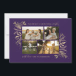 Merriest Christmas Wishes 4 Photo Botanical Floral Holiday Card<br><div class="desc">Merriest Christmas Wishes 4 Photo Botanical Floral Holiday Card Christmas Card features your favourite photo on the front with the text "Merriest Christmas Wishes" in modern gold calligraphy script typography on a purple background and personalised with your family name below. On the reverse is an elegant gold botanical pattern. Perfect...</div>