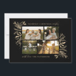 Merriest Christmas Wishes 4 Photo Botanical Floral Holiday Card<br><div class="desc">Merriest Christmas Wishes 4 Photo Botanical Floral Holiday Card Christmas Card features your favourite photo on the front with the text "Merriest Christmas Wishes" in modern gold calligraphy script typography on a black background and personalised with your family name below. On the reverse is an elegant gold botanical pattern. Perfect...</div>