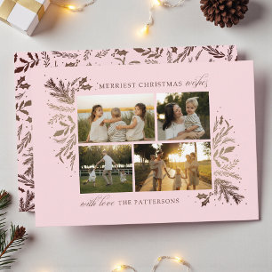 Merriest Christmas Wishes Pink Botanical 4 Photo Holiday Card