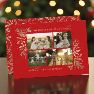 Merriest Christmas Wishes Red Gold 4 Photo Holiday Card