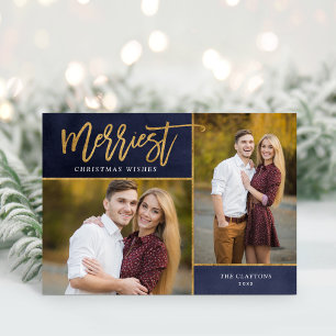 Merriest Faux Gold Foil 2 Photo Christmas Holiday Card