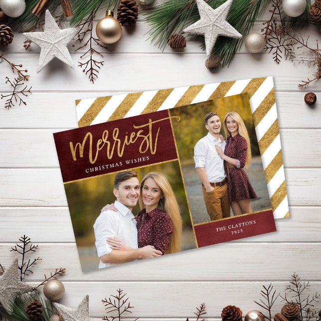 Merriest Faux Gold Foil 2 Photo Christmas Holiday Card (Creator Uploaded)