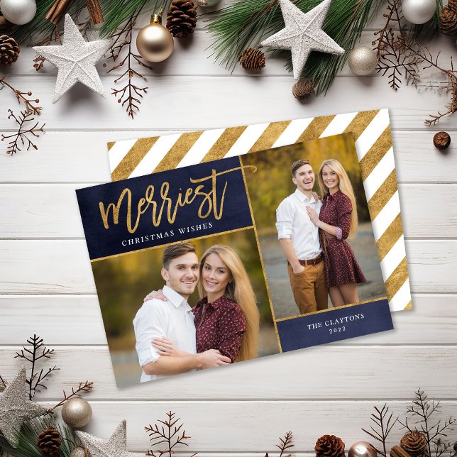 Merriest Faux Gold Foil 2 Photo Christmas Holiday Card (Creator Uploaded)