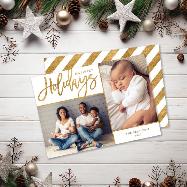 Merriest Faux Gold Foil 2 Photo Christmas Holiday Card (Creator Uploaded)