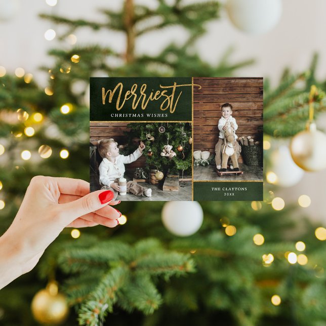 Merriest Faux Gold Foil 2 Photo Flat Holiday Card (Creator Uploaded)