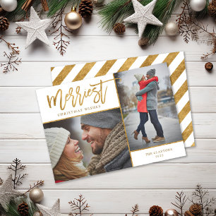 Merriest Faux Gold Foil 2 Photo Flat Holiday Card
