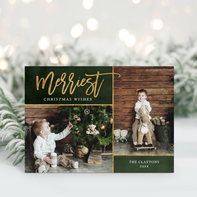 Merriest Faux Gold Foil 2 Photo Folded Holiday Card (Creator Uploaded)