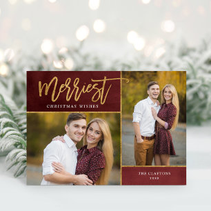 Merriest Faux Gold Foil 2 Photo Folded Holiday Card