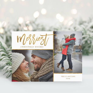 Merriest Faux Gold Foil 2 Photo Folded Holiday Card