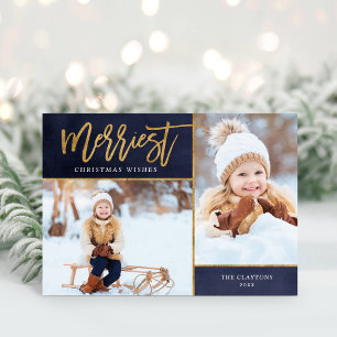 Merriest Faux Gold Foil 2 Photo Folded Holiday Card