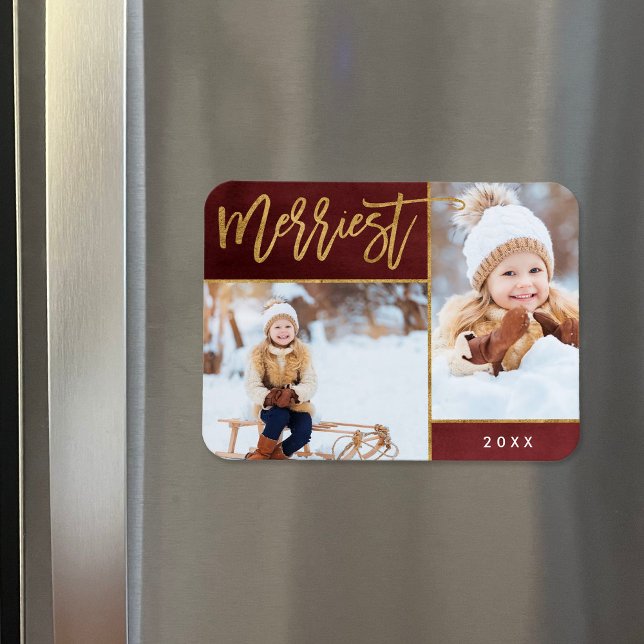 Merriest Faux Gold Foil 2 Photo Holiday Magnet (Creator Uploaded)