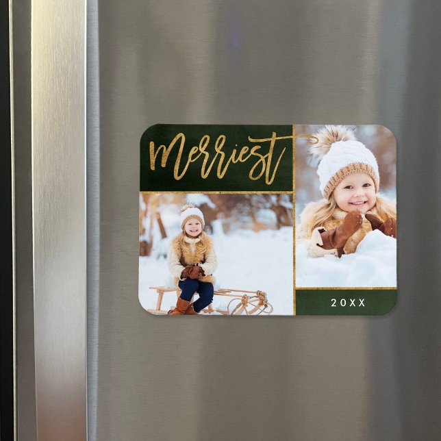 Merriest Faux Gold Foil 2 Photo Holiday Magnet (Creator Uploaded)