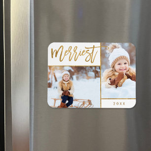 Merriest Faux Gold Foil 2 Photo Holiday Magnet