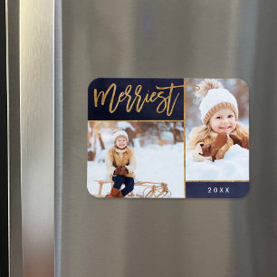 Merriest Faux Gold Foil 2 Photo Holiday Magnet