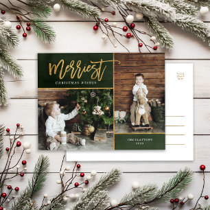 Merriest Faux Gold Foil 2 Photo Holiday Postcard