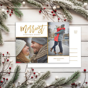 Merriest Faux Gold Foil 2 Photo Holiday Postcard