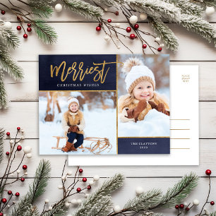 Merriest Faux Gold Foil 2 Photo Holiday Postcard
